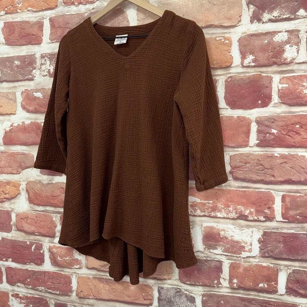 Color Me Cotton CMC Top Shirt Women's Small Brown Button Accent Back Popover - Picture 3 of 9